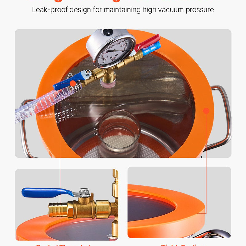 VEVOR vakuuma kamera 19 l ar vienpakāpes vakuuma sūkni 100 l/min, nerūsējošā tērauda kamera ar akrila vāku, ar eļļu un 1,5 m šļūteni, paredzēta sveķu, silikonu un epoksīdu degazācijai