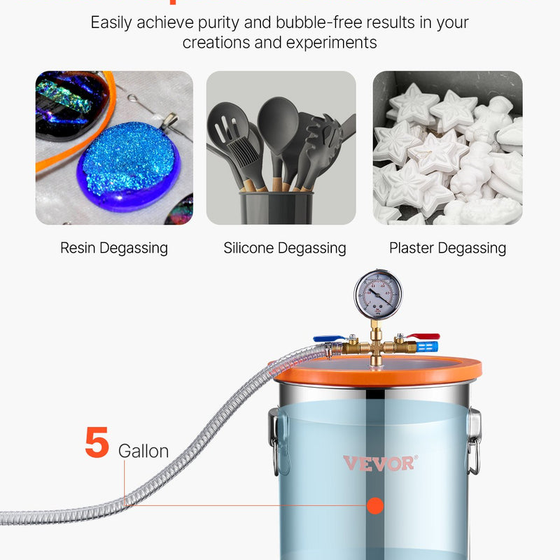 VEVOR vakuuma kamera 19 l ar vienpakāpes vakuuma sūkni 100 l/min, nerūsējošā tērauda kamera ar akrila vāku, ar eļļu un 1,5 m šļūteni, paredzēta sveķu, silikonu un epoksīdu degazācijai