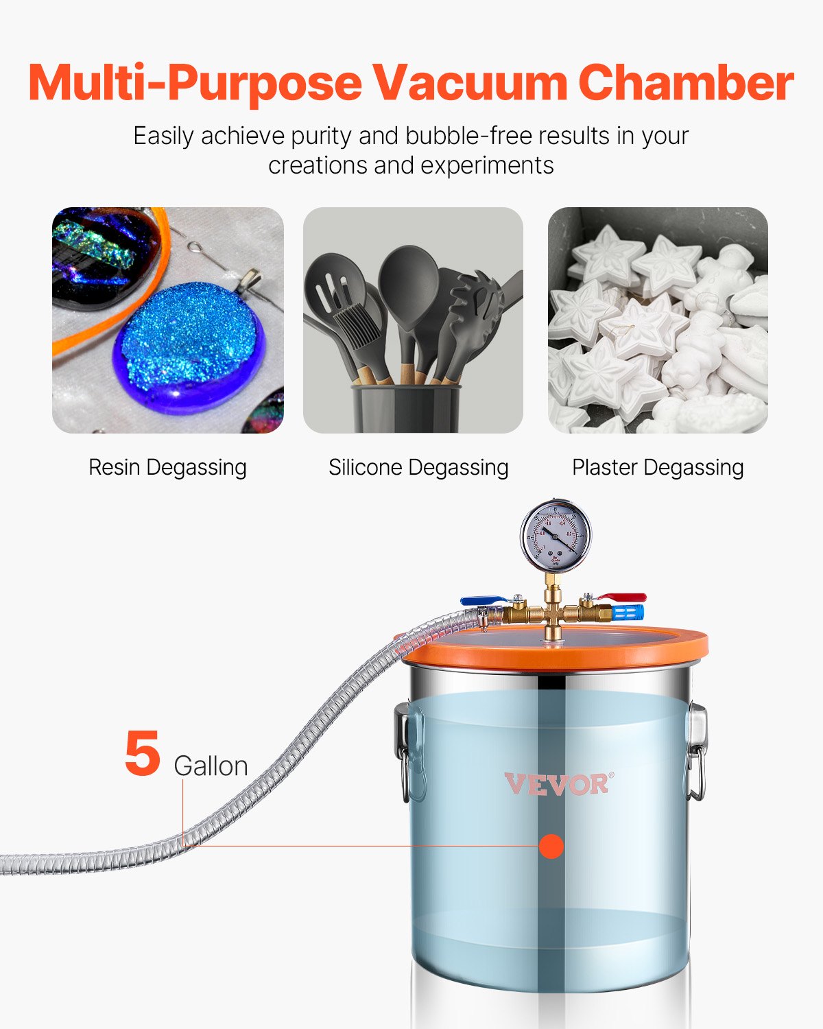 VEVOR Vacuum Chamber 19 L with Single-Stage Vacuum Pump 100 L/min, Stainless Steel Chamber with Acrylic Lid, Includes Oil and 1.5 m Hose, for Resin, Silicone and Epoxy Degassing