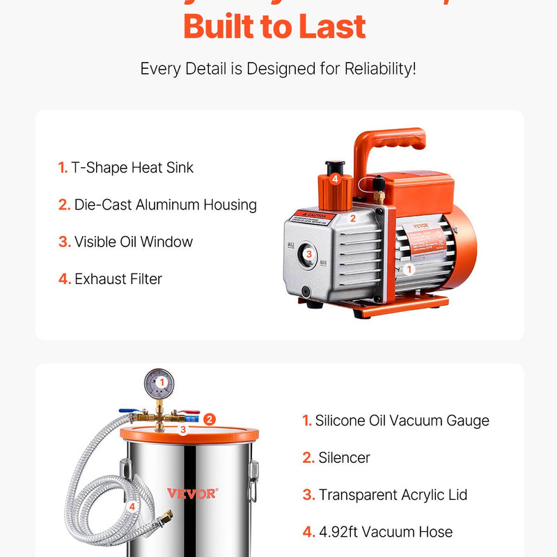 VEVOR vakuuma kamera 19 l ar vienpakāpes vakuuma sūkni 100 l/min, nerūsējošā tērauda kamera ar akrila vāku, ar eļļu un 1,5 m šļūteni, paredzēta sveķu, silikonu un epoksīdu degazācijai