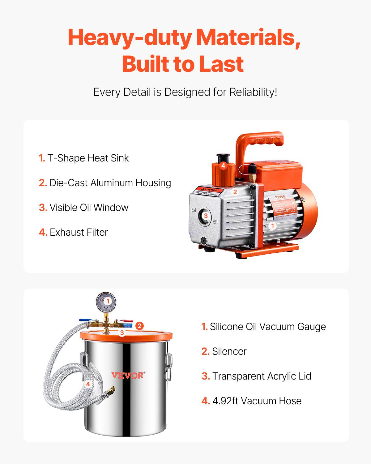 VEVOR Vacuum Chamber 19 L with Single-Stage Vacuum Pump 100 L/min, Stainless Steel Chamber with Acrylic Lid, Includes Oil and 1.5 m Hose, for Resin, Silicone and Epoxy Degassing