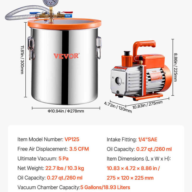 VEVOR vakuuma kamera 19 l ar vienpakāpes vakuuma sūkni 100 l/min, nerūsējošā tērauda kamera ar akrila vāku, ar eļļu un 1,5 m šļūteni, paredzēta sveķu, silikonu un epoksīdu degazācijai