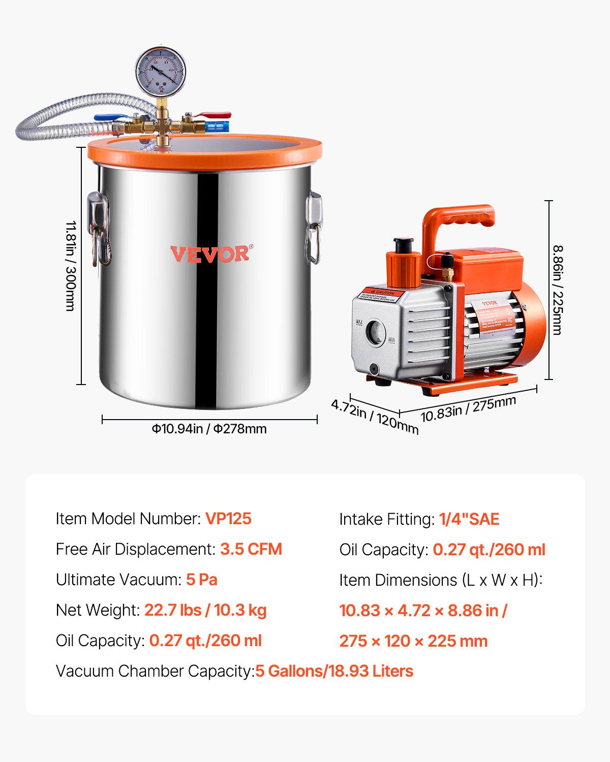 VEVOR Vacuum Chamber 19 L with Single-Stage Vacuum Pump 100 L/min, Stainless Steel Chamber with Acrylic Lid, Includes Oil and 1.5 m Hose, for Resin, Silicone and Epoxy Degassing