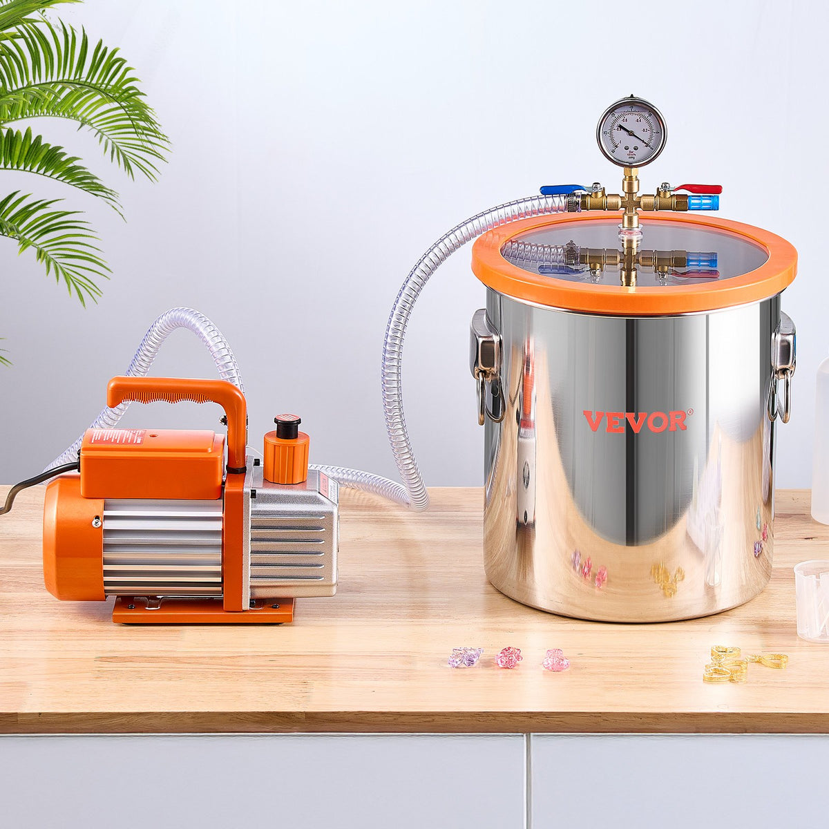 VEVOR Vacuum Chamber 19 L with Single-Stage Vacuum Pump 100 L/min, Stainless Steel Chamber with Acrylic Lid, Includes Oil and 1.5 m Hose, for Resin, Silicone and Epoxy Degassing