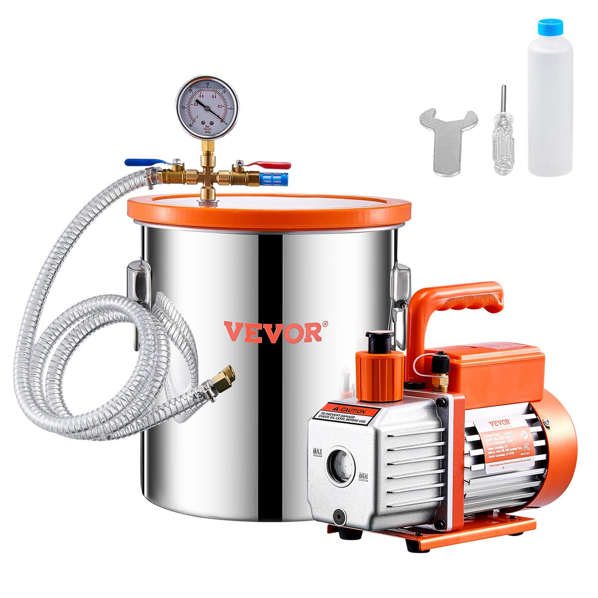 VEVOR Vacuum Chamber 19 L with Single-Stage Vacuum Pump 100 L/min, Stainless Steel Chamber with Acrylic Lid, Includes Oil and 1.5 m Hose, for Resin, Silicone and Epoxy Degassing