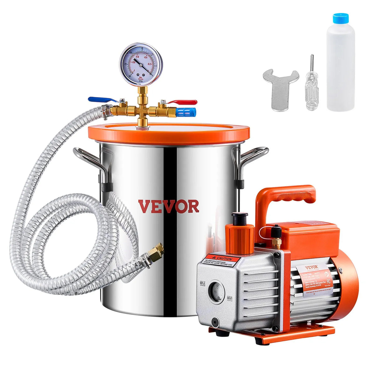 VEVOR 11 L Vacuum Chamber with Vacuum Pump 100 L/min, Single-Stage Vacuum Degassing Kit with Stainless Steel Chamber, Acrylic Lid, Oil and 1.5 m Hose, for Resin, Silicone and Epoxy Degassing