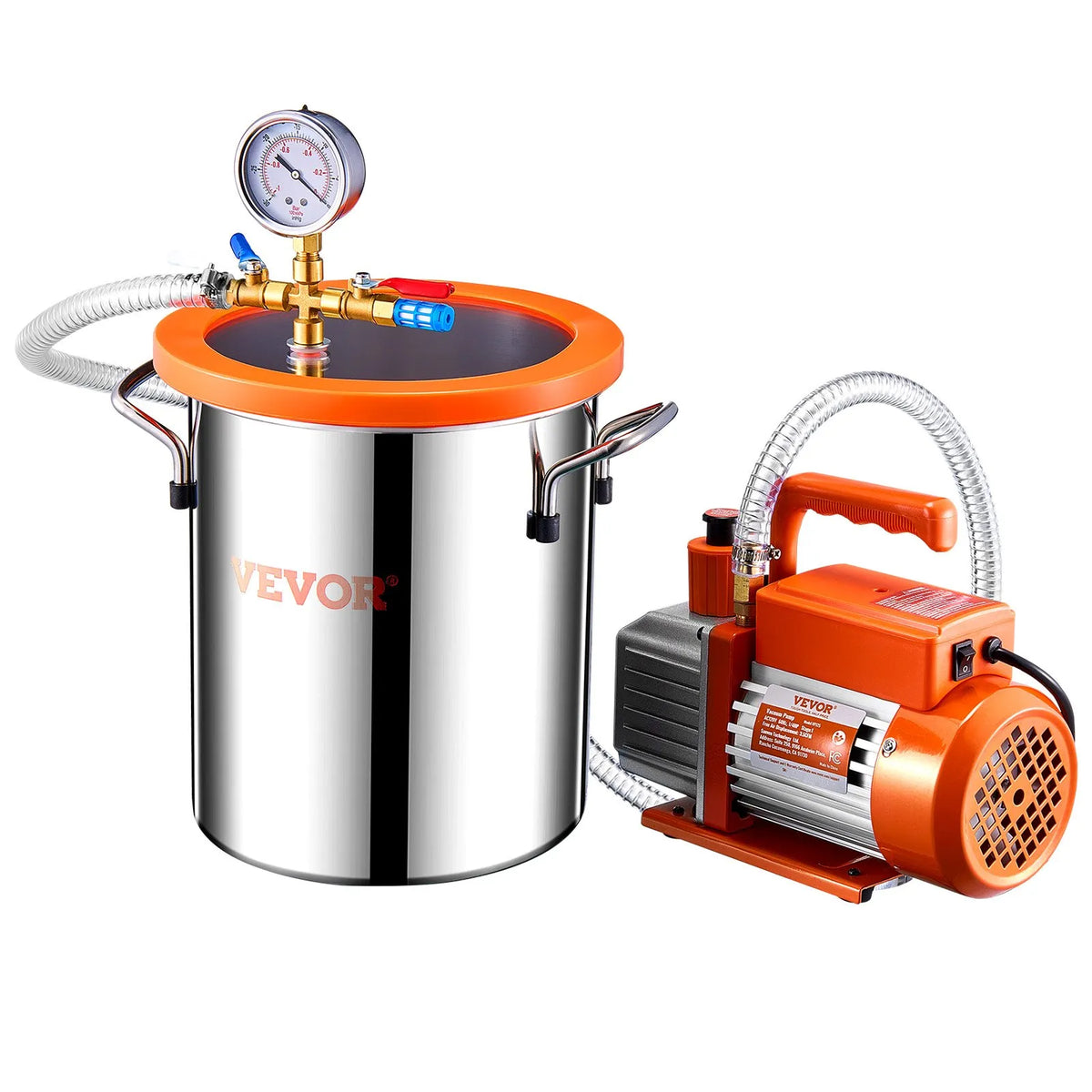 VEVOR 11 L Vacuum Chamber with Vacuum Pump 100 L/min, Single-Stage Vacuum Degassing Kit with Stainless Steel Chamber, Acrylic Lid, Oil and 1.5 m Hose, for Resin, Silicone and Epoxy Degassing