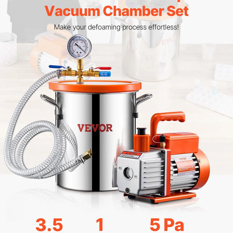 VEVOR 11 l vakuuma kamera ar vakuuma sūkni 100 l/min, vienpakāpes vakuuma degazēšanas komplekts ar nerūsējošā tērauda kameru, akrila vāku, eļļu un 1,5 m šļūteni, paredzēts sveķu, silikona un epoksīdu degazēšanai
