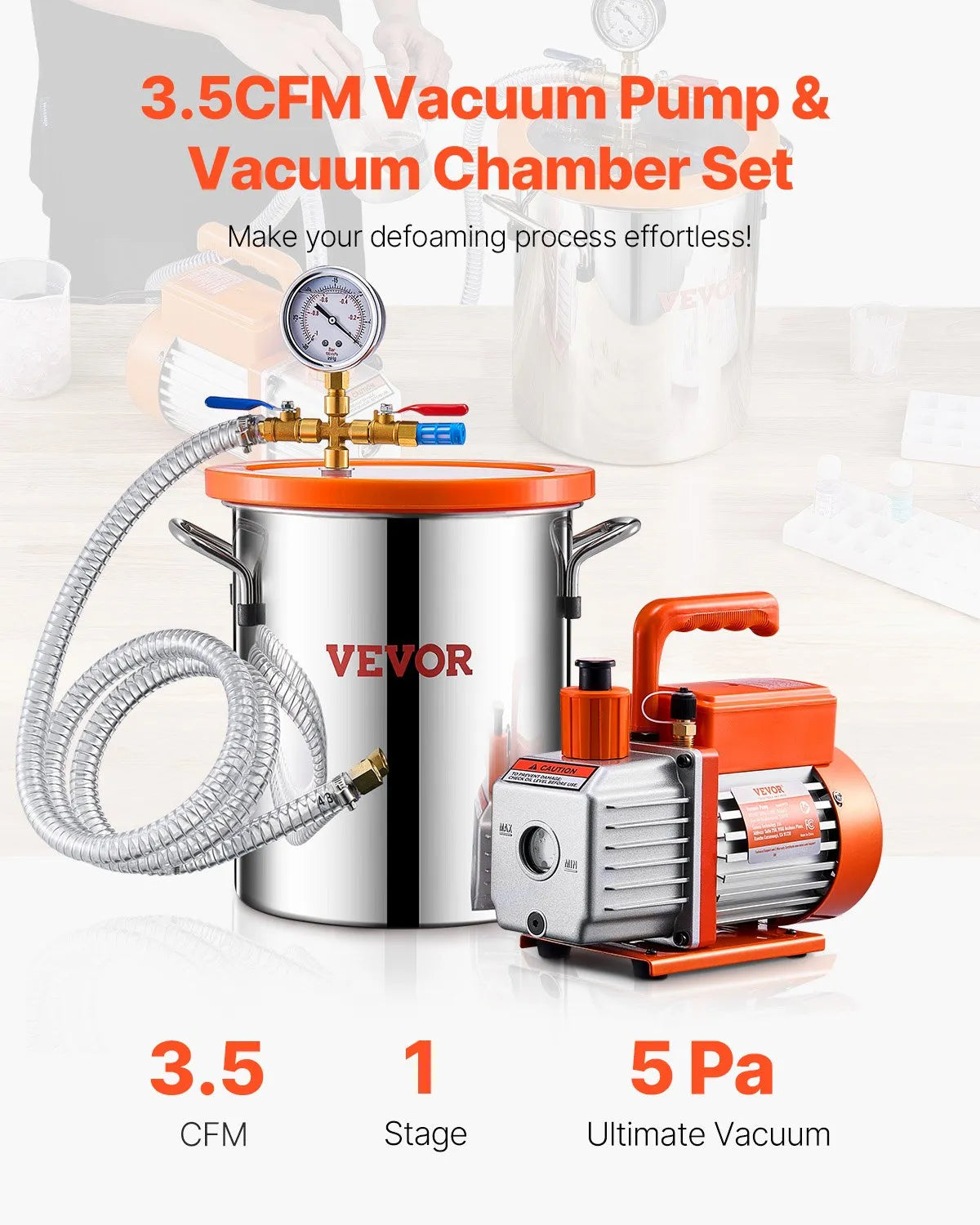 VEVOR 11 L Vacuum Chamber with Vacuum Pump 100 L/min, Single-Stage Vacuum Degassing Kit with Stainless Steel Chamber, Acrylic Lid, Oil and 1.5 m Hose, for Resin, Silicone and Epoxy Degassing