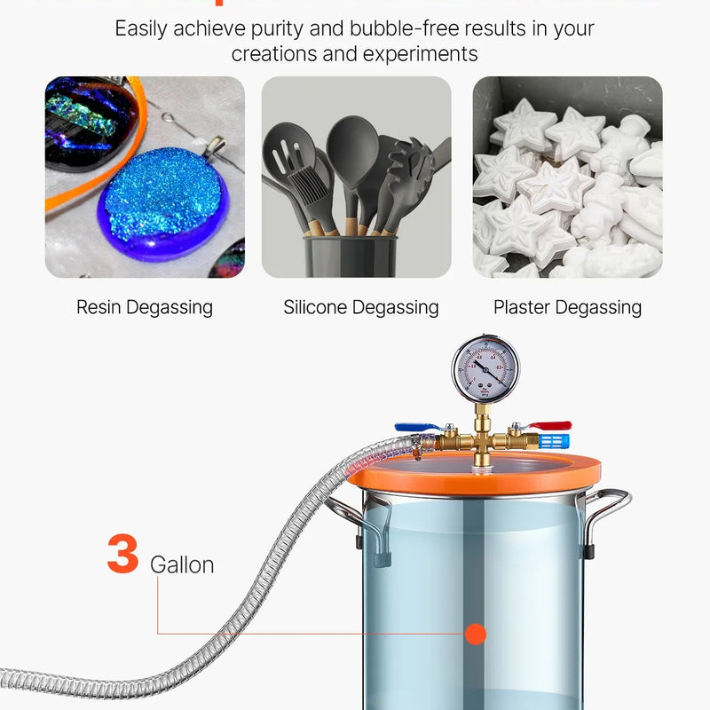 VEVOR 11 l vakuuma kamera ar vakuuma sūkni 100 l/min, vienpakāpes vakuuma degazēšanas komplekts ar nerūsējošā tērauda kameru, akrila vāku, eļļu un 1,5 m šļūteni, paredzēts sveķu, silikona un epoksīdu degazēšanai