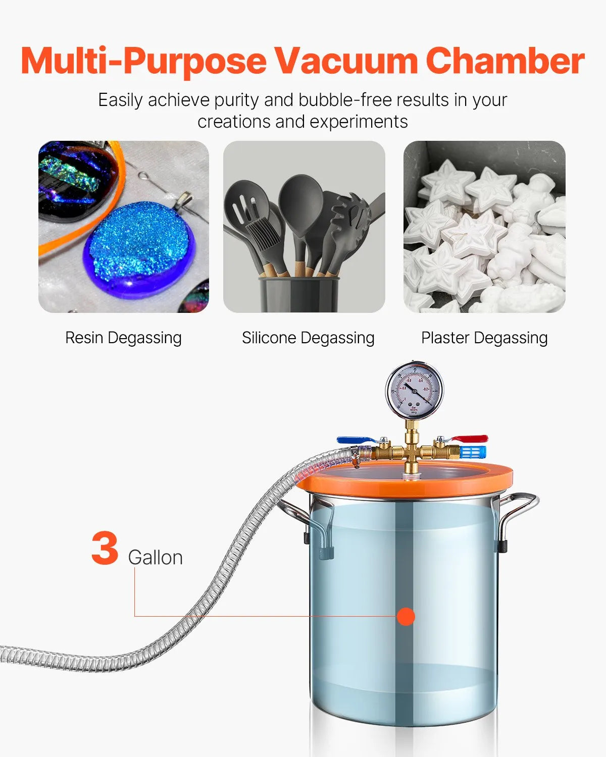 VEVOR 11 L Vacuum Chamber with Vacuum Pump 100 L/min, Single-Stage Vacuum Degassing Kit with Stainless Steel Chamber, Acrylic Lid, Oil and 1.5 m Hose, for Resin, Silicone and Epoxy Degassing