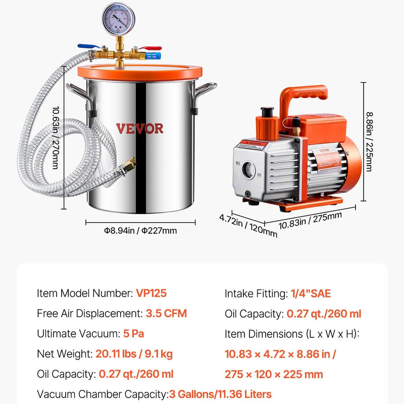 VEVOR 11 l vakuuma kamera ar vakuuma sūkni 100 l/min, vienpakāpes vakuuma degazēšanas komplekts ar nerūsējošā tērauda kameru, akrila vāku, eļļu un 1,5 m šļūteni, paredzēts sveķu, silikona un epoksīdu degazēšanai