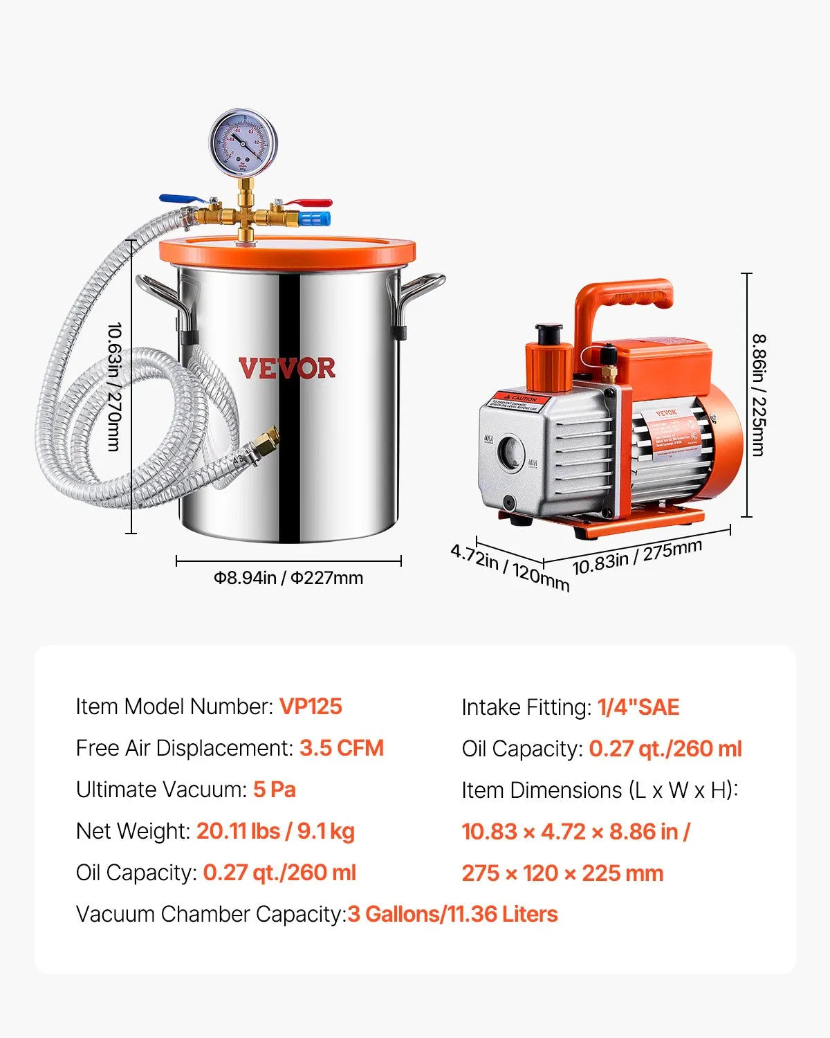 VEVOR 11 L Vacuum Chamber with Vacuum Pump 100 L/min, Single-Stage Vacuum Degassing Kit with Stainless Steel Chamber, Acrylic Lid, Oil and 1.5 m Hose, for Resin, Silicone and Epoxy Degassing