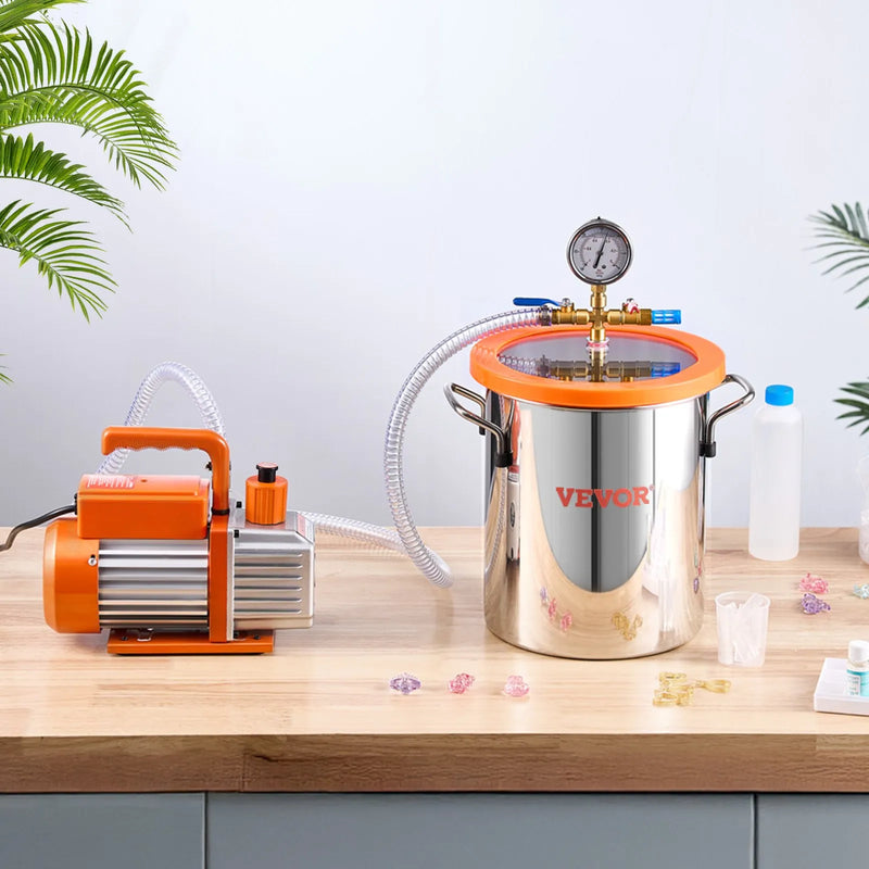 VEVOR 11 l vakuuma kamera ar vakuuma sūkni 100 l/min, vienpakāpes vakuuma degazēšanas komplekts ar nerūsējošā tērauda kameru, akrila vāku, eļļu un 1,5 m šļūteni, paredzēts sveķu, silikona un epoksīdu degazēšanai