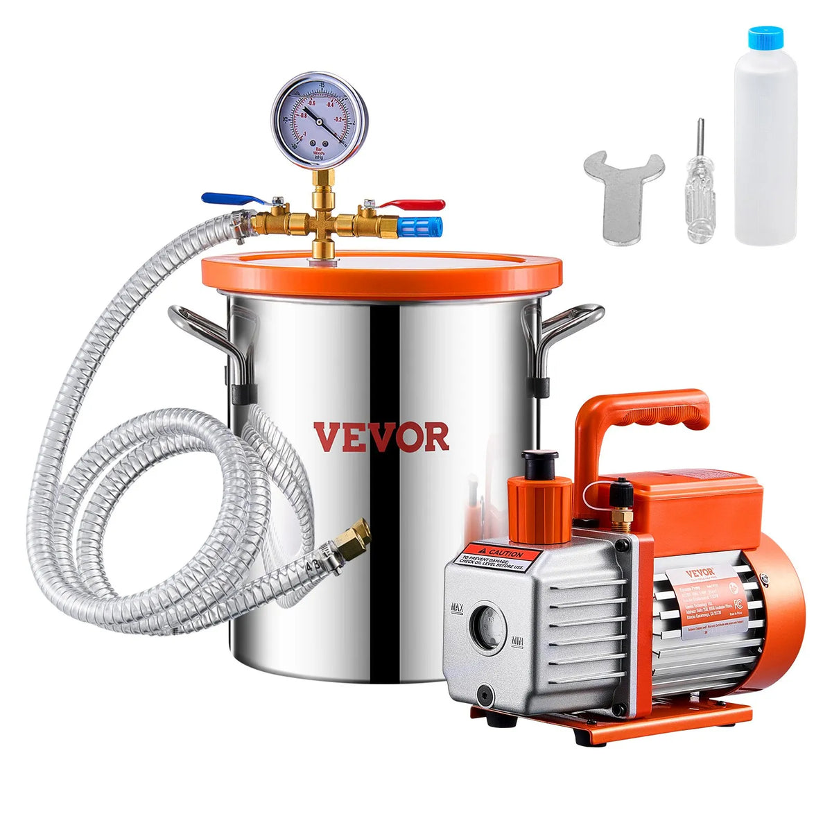 VEVOR 11 L Vacuum Chamber with Vacuum Pump 100 L/min, Single-Stage Vacuum Degassing Kit with Stainless Steel Chamber, Acrylic Lid, Oil and 1.5 m Hose, for Resin, Silicone and Epoxy Degassing
