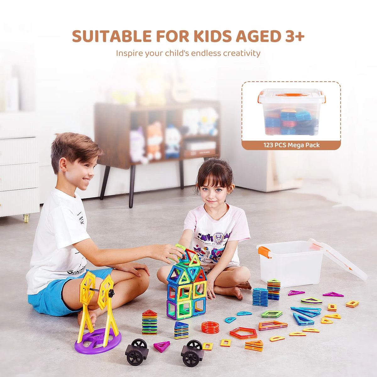 VEVOR Magnetic Tiles 123 pcs with Wheels and Panoramic Wheel, STEM, from 5 Years