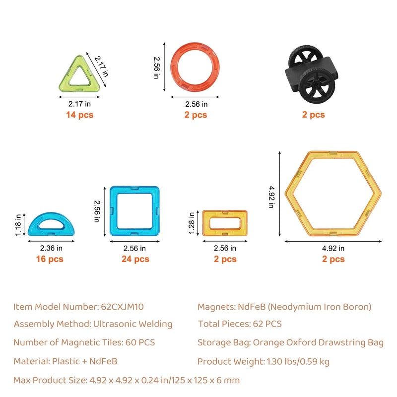 VEVOR magnētisko kluču komplekts, 62 gab., magnētiskie būvkluču elementi bērniem ar riteņu komplektu; STEM sensorā izglītojošā rotaļlieta bērniem no 4 gadu vecuma