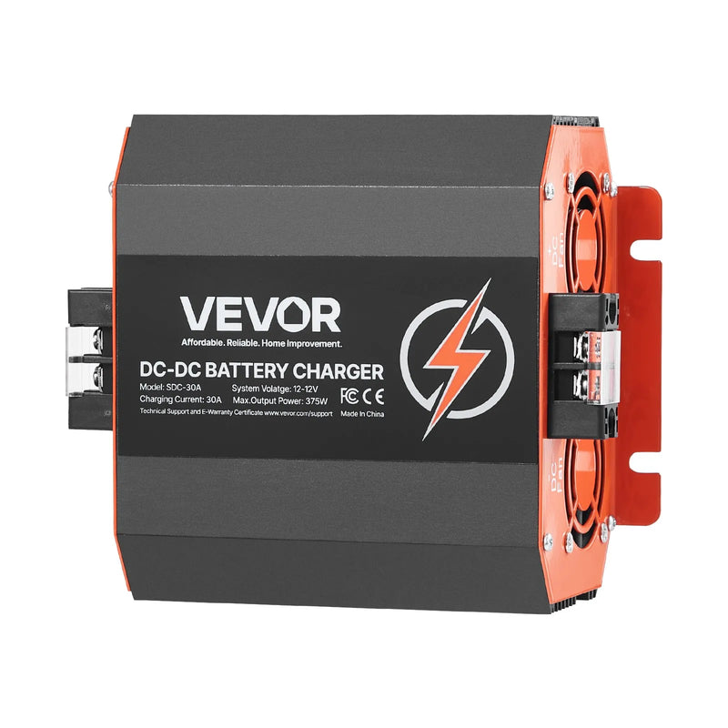 VEVOR 12 V 30 A DC–DC akumulatora lādētājs 375 W, borta lādētājs svina-skābes, litija, AGM, GEL un šķidrā elektrolīta akumulatoriem, viedā daudzpakāpju uzlāde, paredzēts kemperiem, komerctransportam, laivām un jahtām