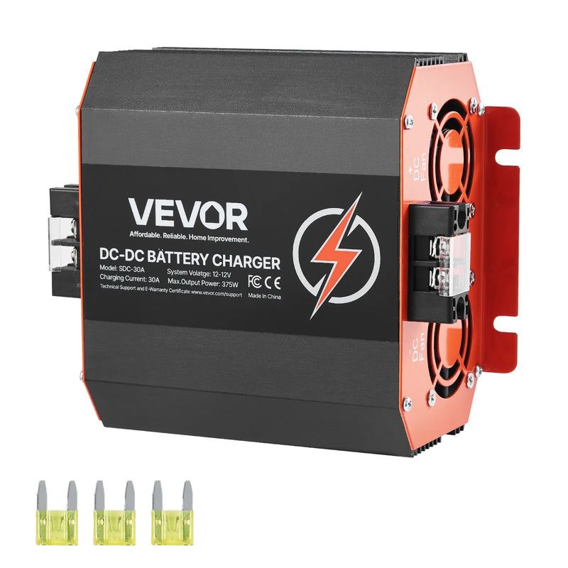 VEVOR 12 V 30 A DC–DC akumulatora lādētājs 375 W, borta lādētājs svina-skābes, litija, AGM, GEL un šķidrā elektrolīta akumulatoriem, viedā daudzpakāpju uzlāde, paredzēts kemperiem, komerctransportam, laivām un jahtām