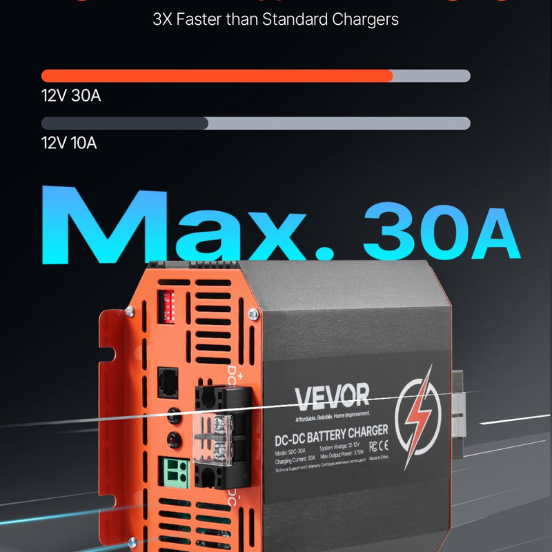 VEVOR 12 V 30 A DC–DC akumulatora lādētājs 375 W, borta lādētājs svina-skābes, litija, AGM, GEL un šķidrā elektrolīta akumulatoriem, viedā daudzpakāpju uzlāde, paredzēts kemperiem, komerctransportam, laivām un jahtām