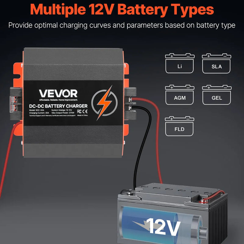 VEVOR 12 V 30 A DC–DC akumulatora lādētājs 375 W, borta lādētājs svina-skābes, litija, AGM, GEL un šķidrā elektrolīta akumulatoriem, viedā daudzpakāpju uzlāde, paredzēts kemperiem, komerctransportam, laivām un jahtām