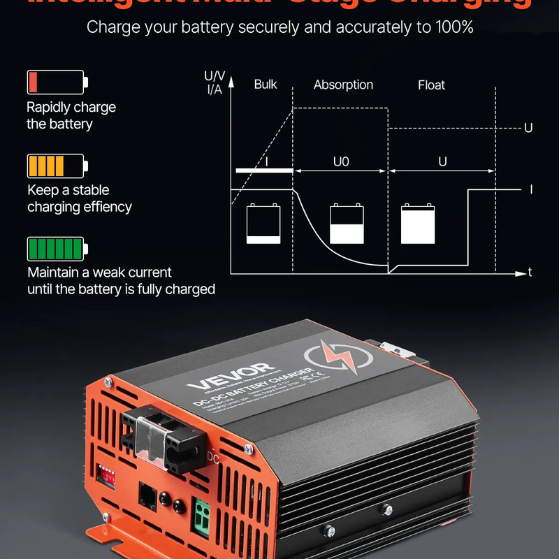 VEVOR 12 V 30 A DC–DC akumulatora lādētājs 375 W, borta lādētājs svina-skābes, litija, AGM, GEL un šķidrā elektrolīta akumulatoriem, viedā daudzpakāpju uzlāde, paredzēts kemperiem, komerctransportam, laivām un jahtām