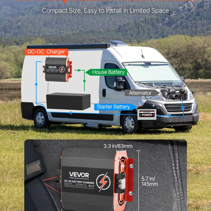 VEVOR 12 V 30 A DC–DC akumulatora lādētājs 375 W, borta lādētājs svina-skābes, litija, AGM, GEL un šķidrā elektrolīta akumulatoriem, viedā daudzpakāpju uzlāde, paredzēts kemperiem, komerctransportam, laivām un jahtām