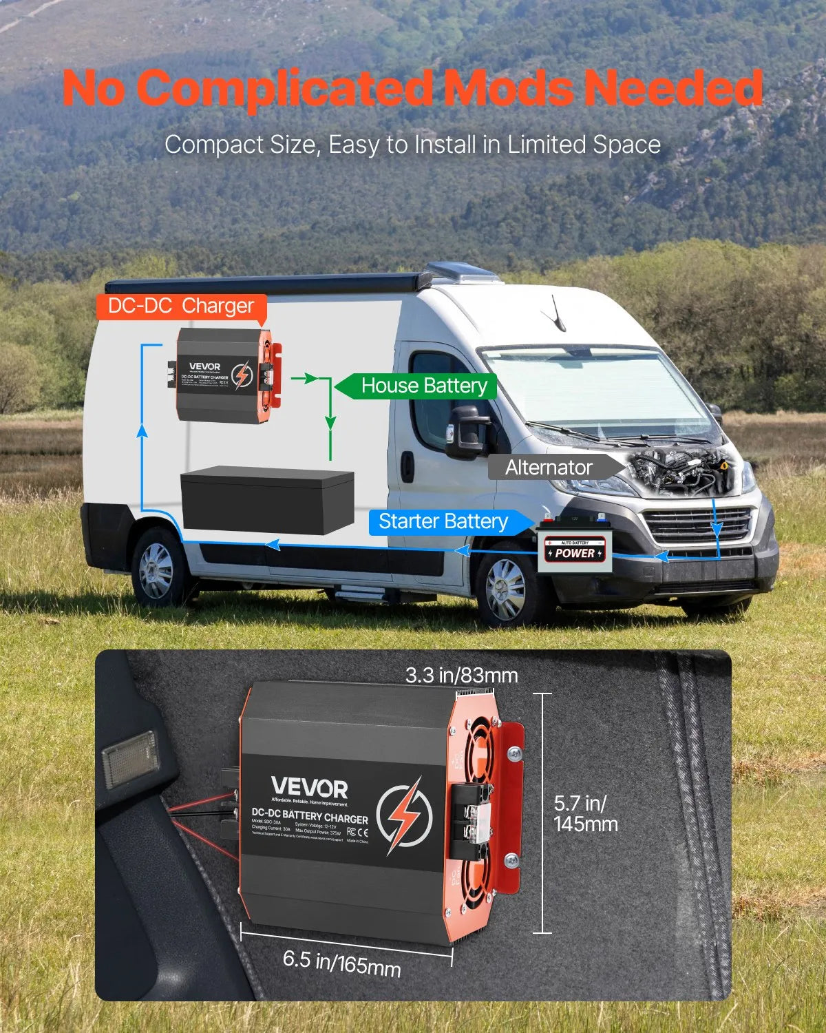 VEVOR 12 V 30 A DC–DC akumulatora lādētājs 375 W, borta lādētājs svina-skābes, litija, AGM, GEL un šķidrā elektrolīta akumulatoriem, viedā daudzpakāpju uzlāde, paredzēts kemperiem, komerctransportam, laivām un jahtām
