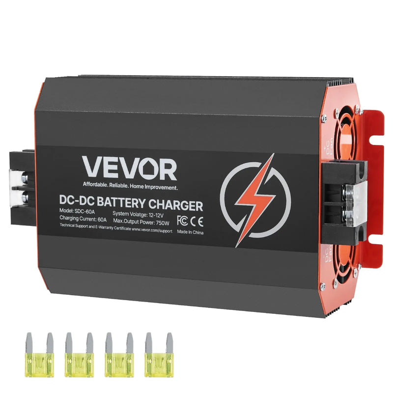 VEVOR 12 V 60 A DC–DC akumulatora lādētājs 750 W, borta lādētājs svina-skābes, litija, AGM, GEL un šķidrā elektrolīta akumulatoriem, viedā daudzpakāpju uzlāde, paredzēts kemperiem, komerctransportam, laivām un jahtām