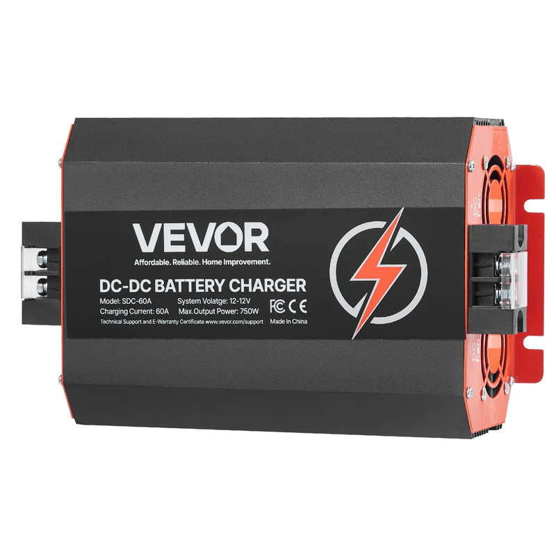 VEVOR 12 V 60 A DC–DC akumulatora lādētājs 750 W, borta lādētājs svina-skābes, litija, AGM, GEL un šķidrā elektrolīta akumulatoriem, viedā daudzpakāpju uzlāde, paredzēts kemperiem, komerctransportam, laivām un jahtām