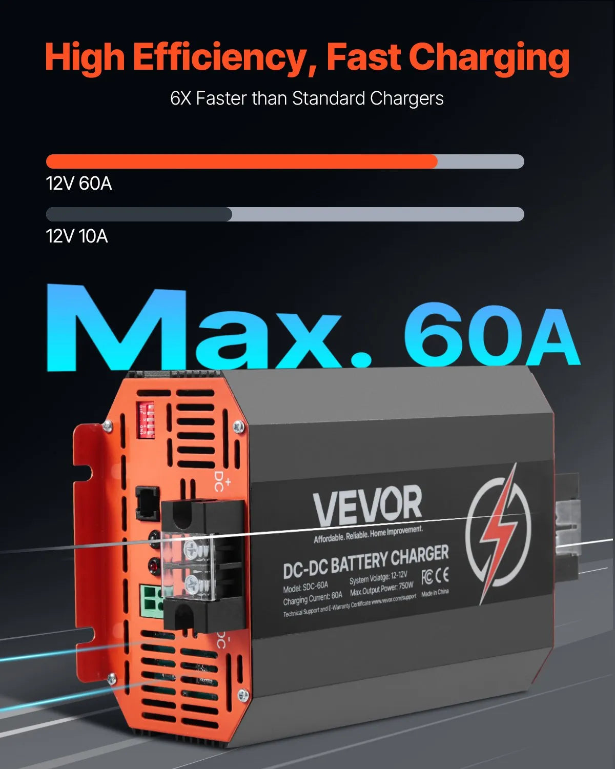 VEVOR 12 V 60 A DC–DC akumulatora lādētājs 750 W, borta lādētājs svina-skābes, litija, AGM, GEL un šķidrā elektrolīta akumulatoriem, viedā daudzpakāpju uzlāde, paredzēts kemperiem, komerctransportam, laivām un jahtām