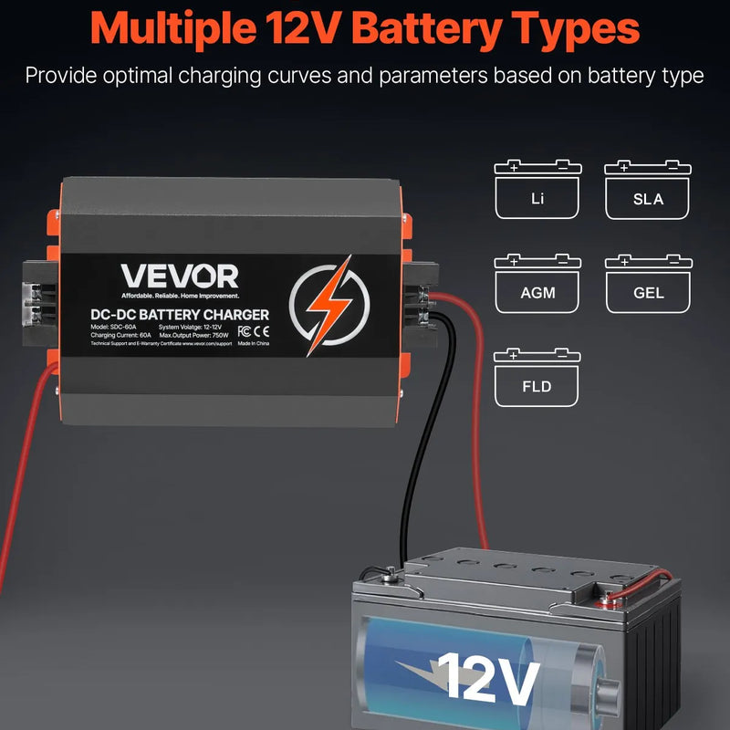 VEVOR 12 V 60 A DC–DC akumulatora lādētājs 750 W, borta lādētājs svina-skābes, litija, AGM, GEL un šķidrā elektrolīta akumulatoriem, viedā daudzpakāpju uzlāde, paredzēts kemperiem, komerctransportam, laivām un jahtām