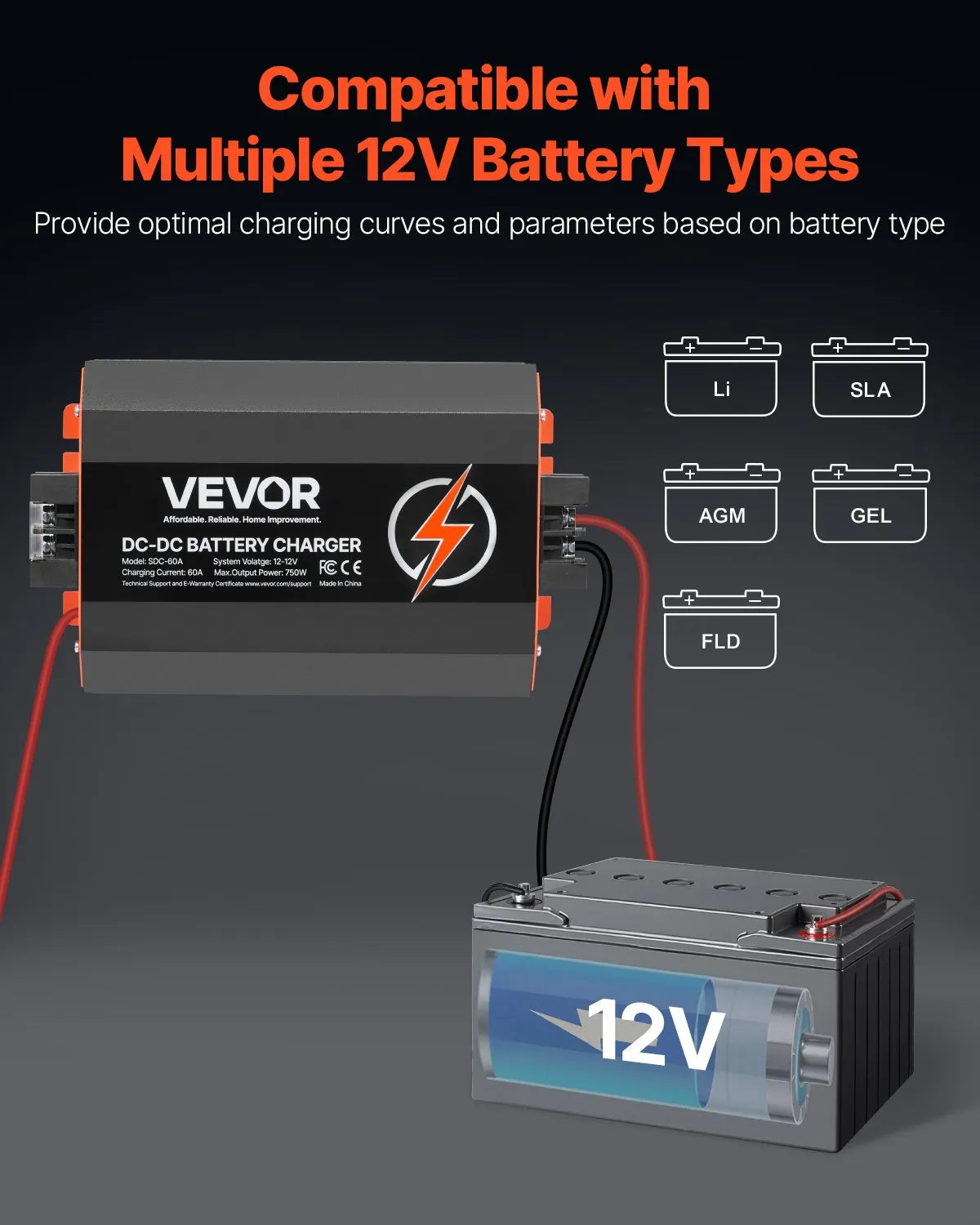 VEVOR 12 V 60 A DC–DC akumulatora lādētājs 750 W, borta lādētājs svina-skābes, litija, AGM, GEL un šķidrā elektrolīta akumulatoriem, viedā daudzpakāpju uzlāde, paredzēts kemperiem, komerctransportam, laivām un jahtām
