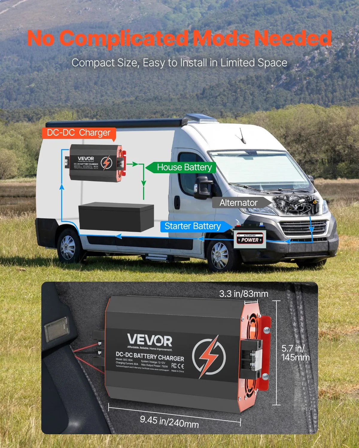 VEVOR 12 V 60 A DC–DC akumulatora lādētājs 750 W, borta lādētājs svina-skābes, litija, AGM, GEL un šķidrā elektrolīta akumulatoriem, viedā daudzpakāpju uzlāde, paredzēts kemperiem, komerctransportam, laivām un jahtām