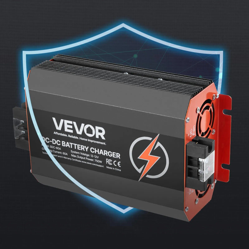 VEVOR 12 V 60 A DC–DC akumulatora lādētājs 750 W, borta lādētājs svina-skābes, litija, AGM, GEL un šķidrā elektrolīta akumulatoriem, viedā daudzpakāpju uzlāde, paredzēts kemperiem, komerctransportam, laivām un jahtām