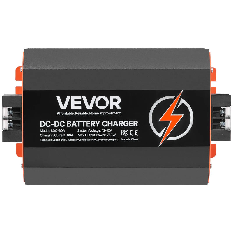 VEVOR 12 V 60 A DC–DC akumulatora lādētājs 750 W, borta lādētājs svina-skābes, litija, AGM, GEL un šķidrā elektrolīta akumulatoriem, viedā daudzpakāpju uzlāde, paredzēts kemperiem, komerctransportam, laivām un jahtām
