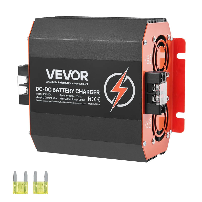 VEVOR 12 V 20 A DC–DC akumulatora lādētājs 250 W, borta lādētājs svina-skābes, litija, AGM, GEL un šķidrā elektrolīta akumulatoriem, viedā daudzpakāpju uzlāde, paredzēts kemperiem, komerctransportam, laivām un jahtām