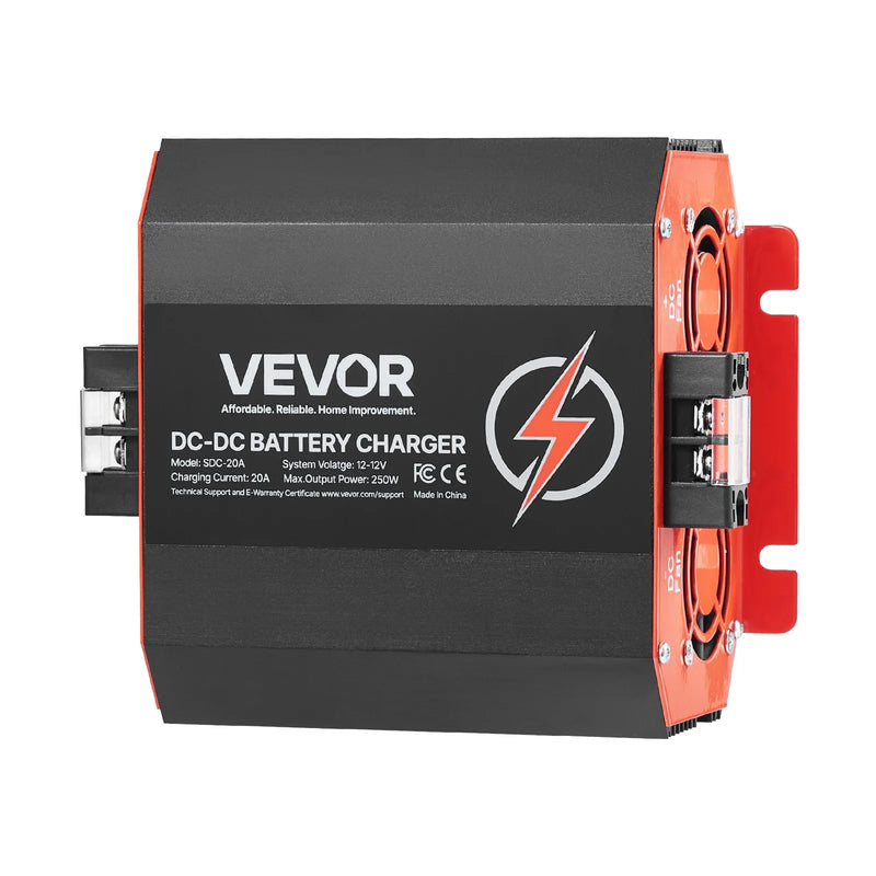 VEVOR 12 V 20 A DC–DC akumulatora lādētājs 250 W, borta lādētājs svina-skābes, litija, AGM, GEL un šķidrā elektrolīta akumulatoriem, viedā daudzpakāpju uzlāde, paredzēts kemperiem, komerctransportam, laivām un jahtām