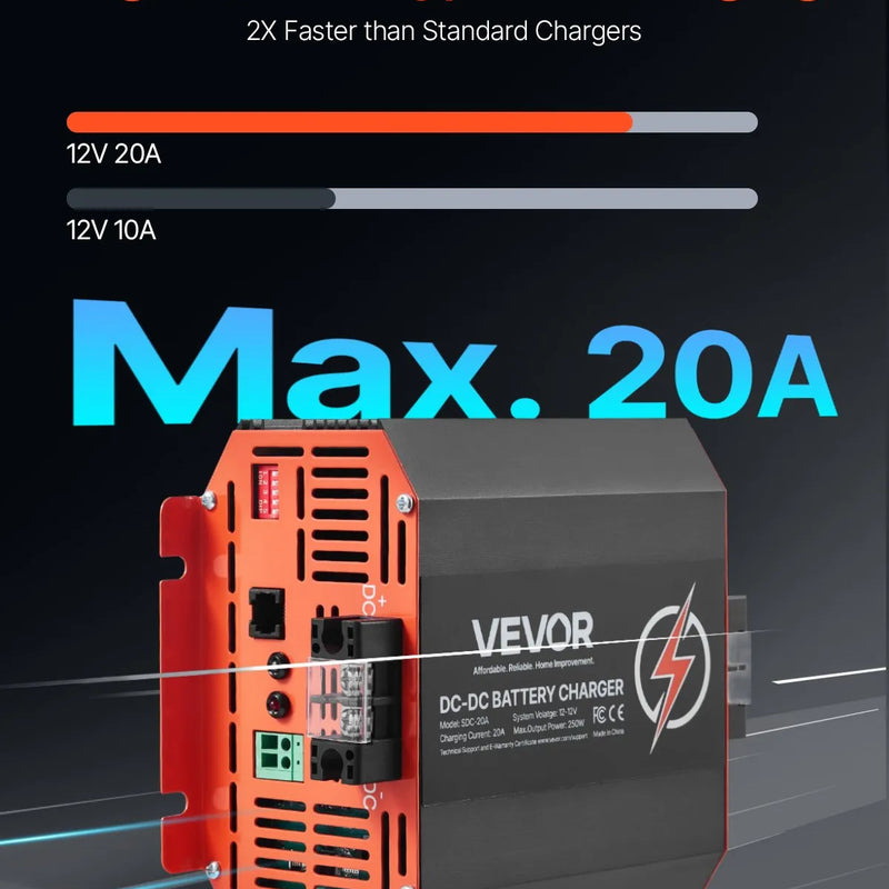 VEVOR 12 V 20 A DC–DC akumulatora lādētājs 250 W, borta lādētājs svina-skābes, litija, AGM, GEL un šķidrā elektrolīta akumulatoriem, viedā daudzpakāpju uzlāde, paredzēts kemperiem, komerctransportam, laivām un jahtām