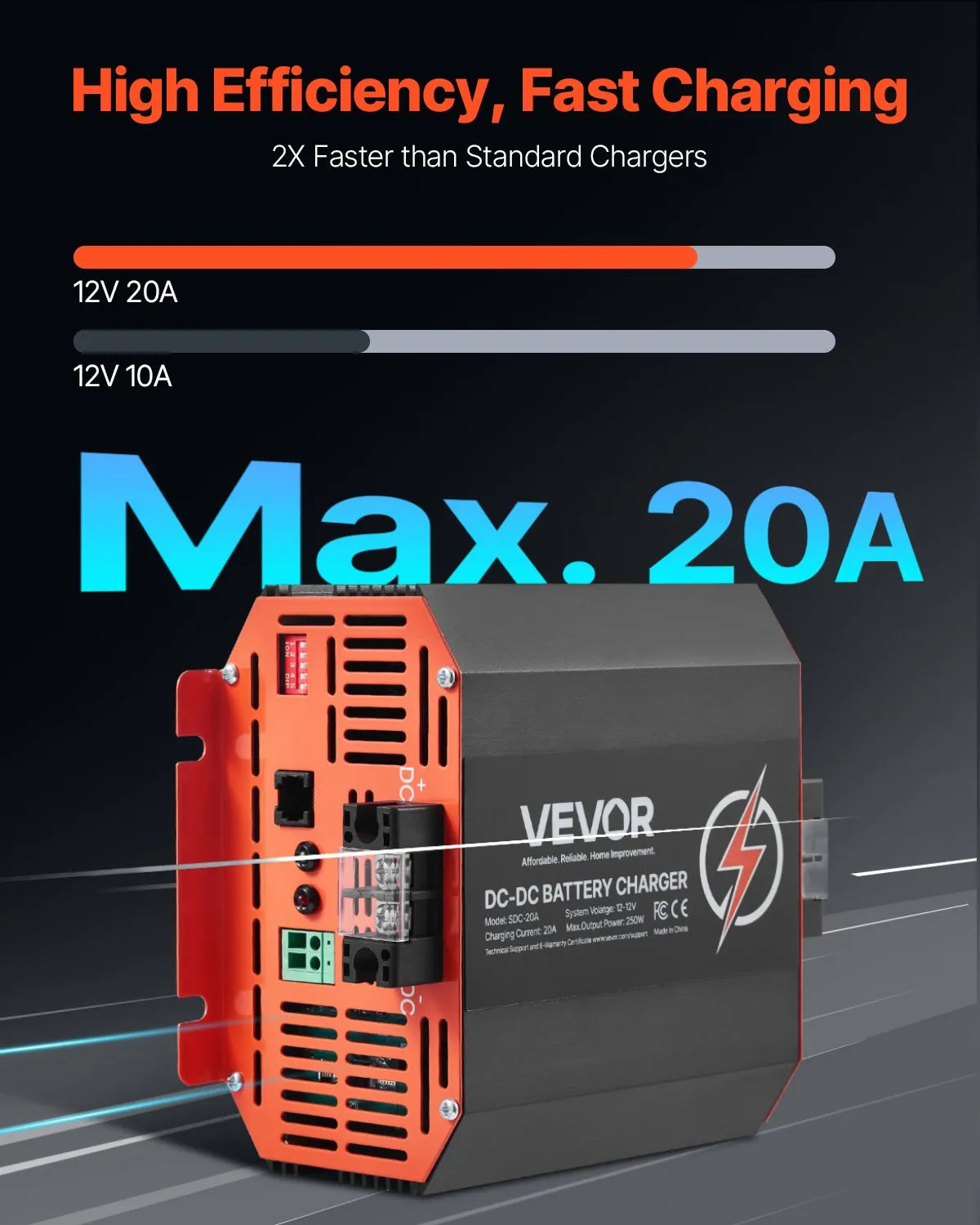 VEVOR 12 V 20 A DC–DC akumulatora lādētājs 250 W, borta lādētājs svina-skābes, litija, AGM, GEL un šķidrā elektrolīta akumulatoriem, viedā daudzpakāpju uzlāde, paredzēts kemperiem, komerctransportam, laivām un jahtām