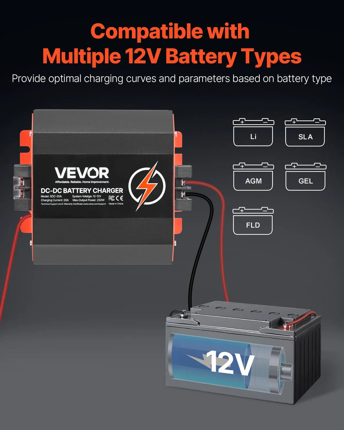 VEVOR 12 V 20 A DC–DC akumulatora lādētājs 250 W, borta lādētājs svina-skābes, litija, AGM, GEL un šķidrā elektrolīta akumulatoriem, viedā daudzpakāpju uzlāde, paredzēts kemperiem, komerctransportam, laivām un jahtām