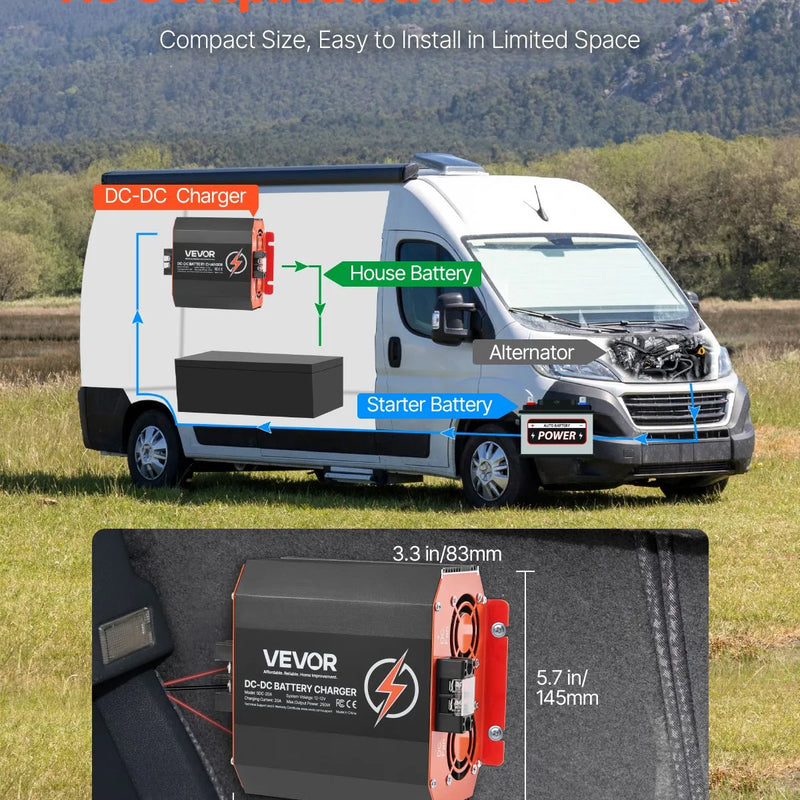 VEVOR 12 V 20 A DC–DC akumulatora lādētājs 250 W, borta lādētājs svina-skābes, litija, AGM, GEL un šķidrā elektrolīta akumulatoriem, viedā daudzpakāpju uzlāde, paredzēts kemperiem, komerctransportam, laivām un jahtām