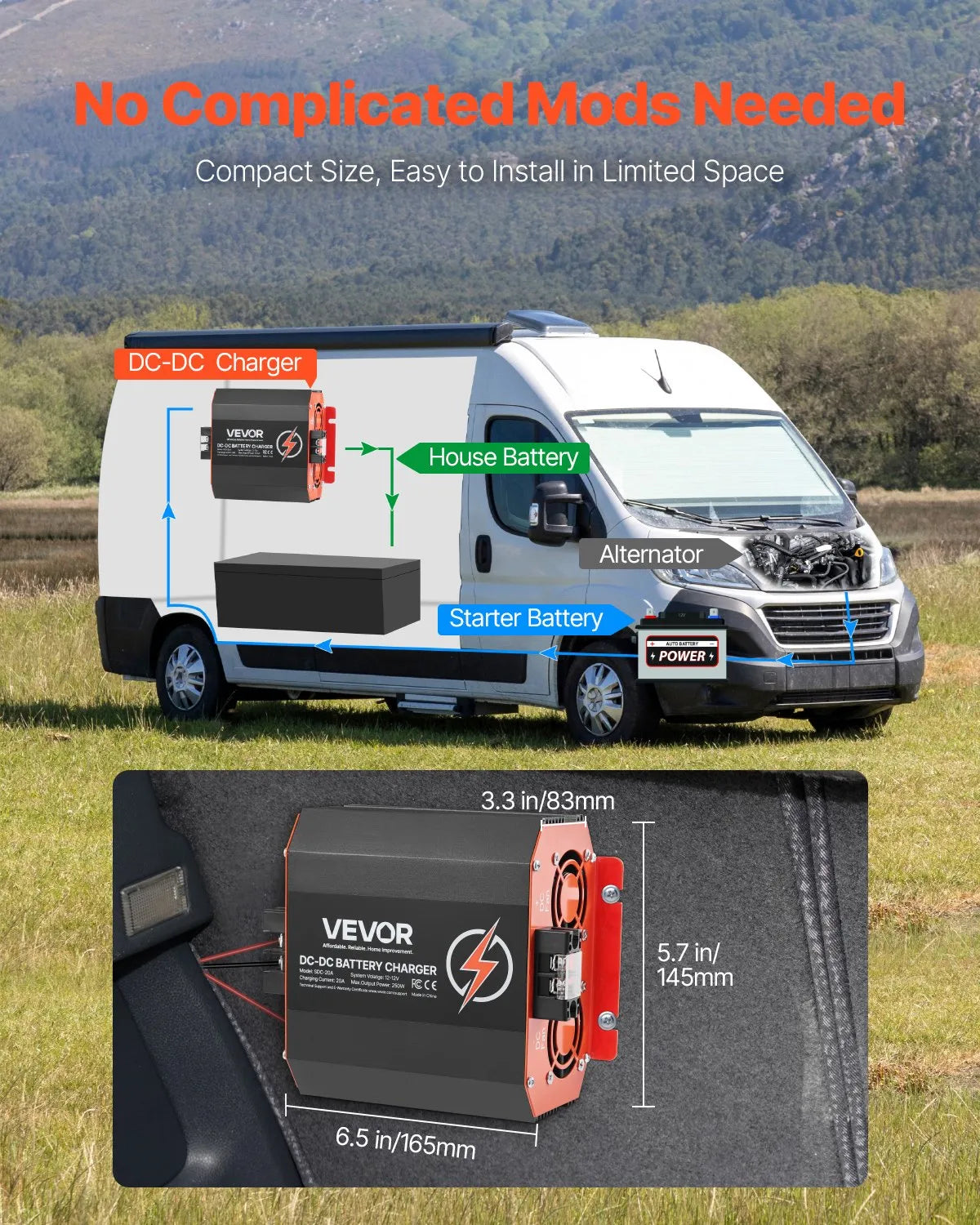 VEVOR 12 V 20 A DC–DC akumulatora lādētājs 250 W, borta lādētājs svina-skābes, litija, AGM, GEL un šķidrā elektrolīta akumulatoriem, viedā daudzpakāpju uzlāde, paredzēts kemperiem, komerctransportam, laivām un jahtām