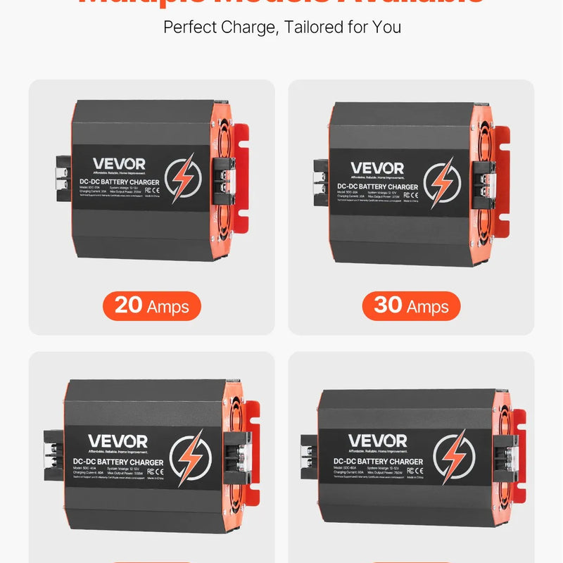 VEVOR 12 V 20 A DC–DC akumulatora lādētājs 250 W, borta lādētājs svina-skābes, litija, AGM, GEL un šķidrā elektrolīta akumulatoriem, viedā daudzpakāpju uzlāde, paredzēts kemperiem, komerctransportam, laivām un jahtām