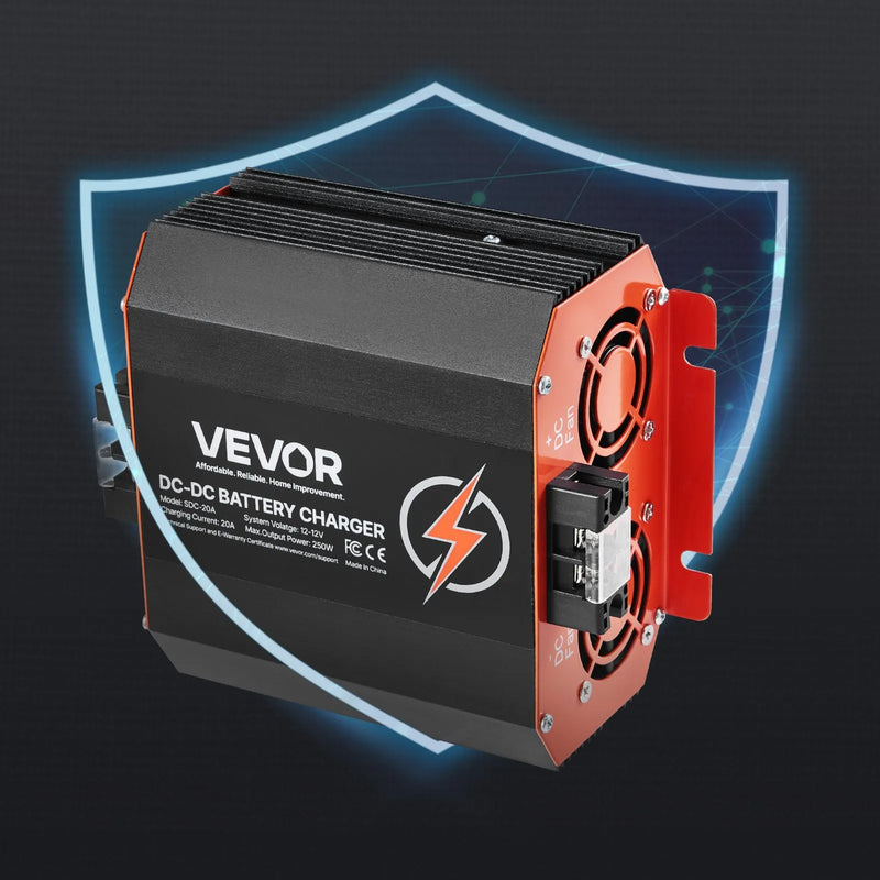 VEVOR 12 V 20 A DC–DC akumulatora lādētājs 250 W, borta lādētājs svina-skābes, litija, AGM, GEL un šķidrā elektrolīta akumulatoriem, viedā daudzpakāpju uzlāde, paredzēts kemperiem, komerctransportam, laivām un jahtām
