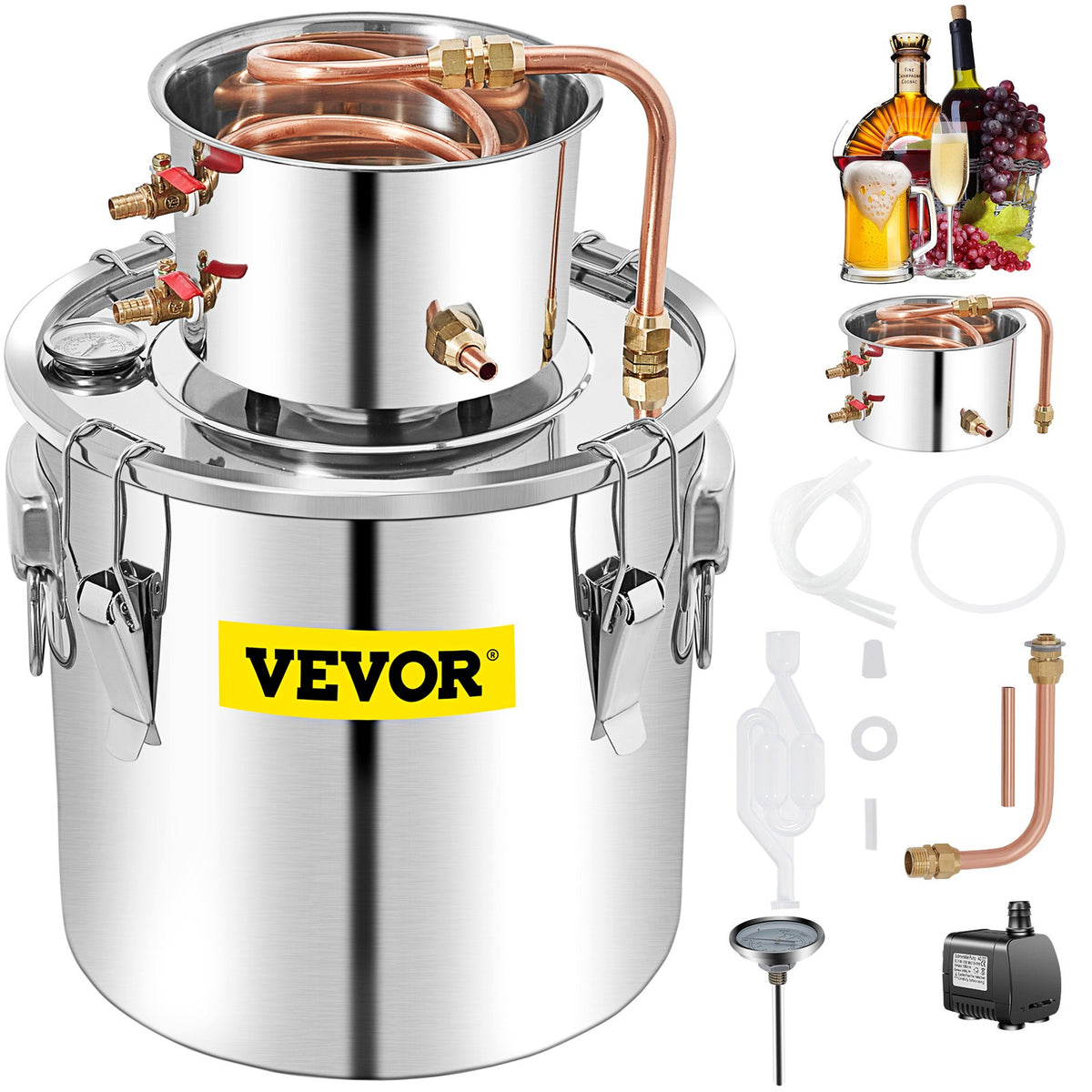 VEVOR Alcohol Distiller 50 L with Condenser, Copper Tube and Thermometer