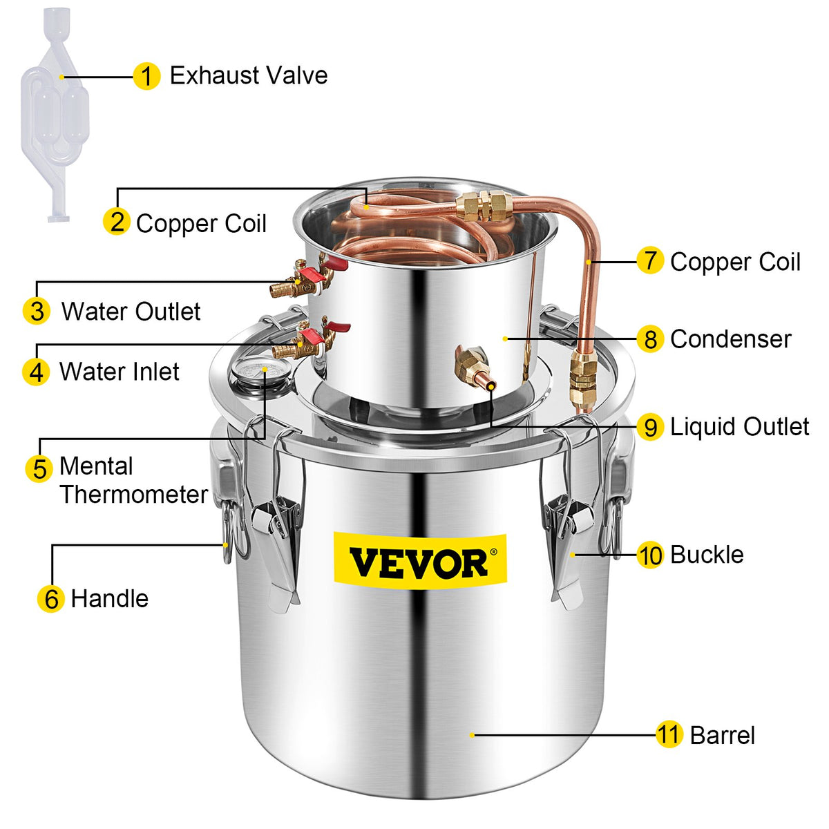 VEVOR Alcohol Distiller 50 L with Condenser, Copper Tube and Thermometer