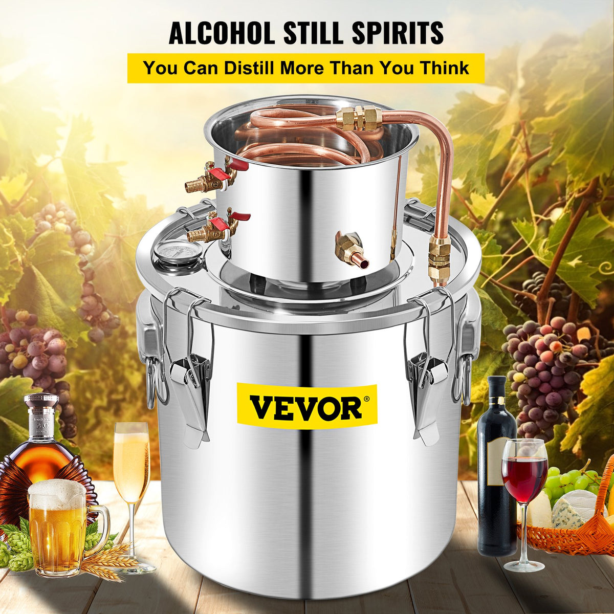 VEVOR Alcohol Distiller 50 L with Condenser, Copper Tube and Thermometer