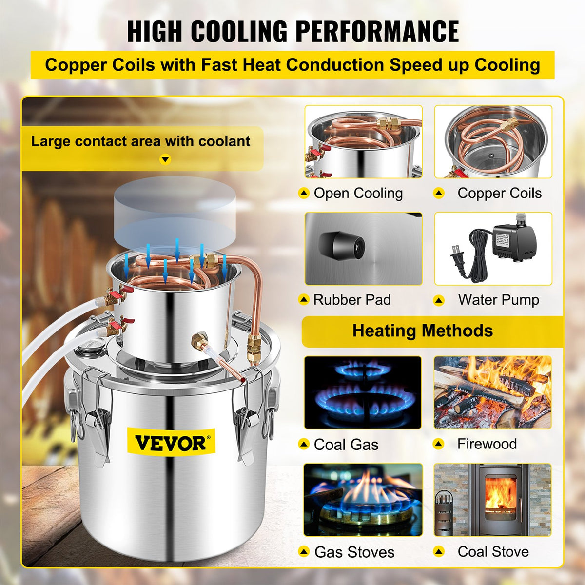 VEVOR Alcohol Distiller 50 L with Condenser, Copper Tube and Thermometer
