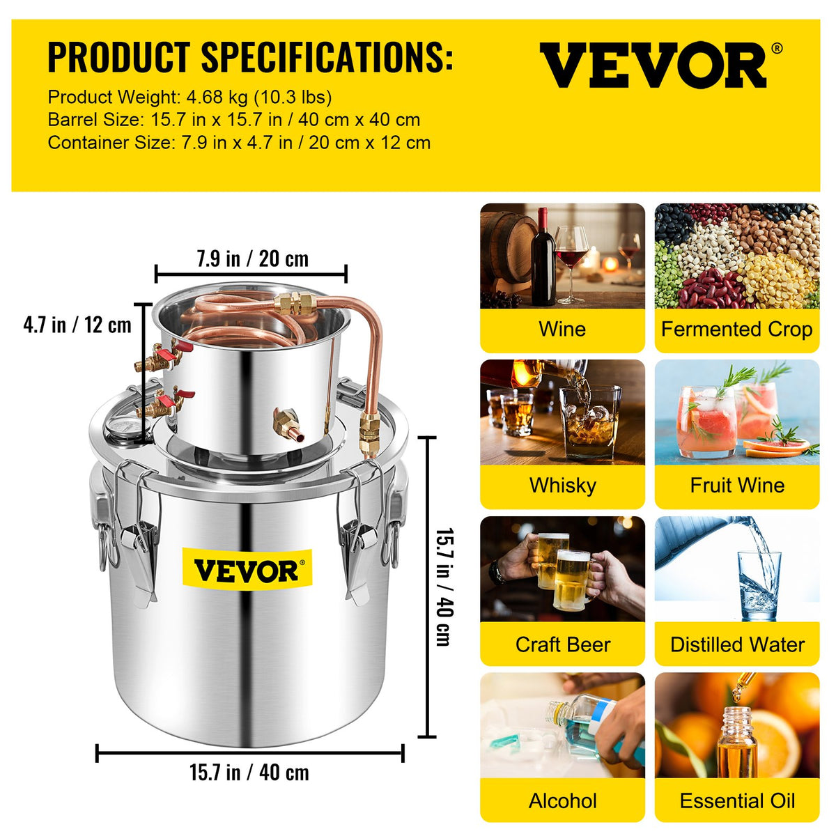 VEVOR Alcohol Distiller 50 L with Condenser, Copper Tube and Thermometer